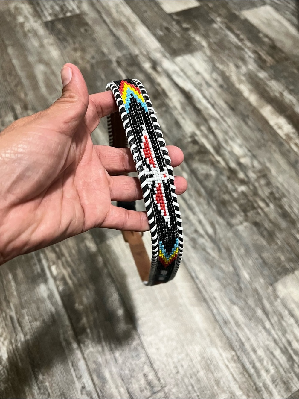 Beaded Black Leather Men’s Belt with Multicolor Southwestern Pattern